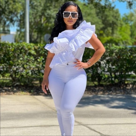 Rare! Zara Blogger White Cotton Poplin Ruffle One Shoulder Bustier Top S - Picture 1 of 11